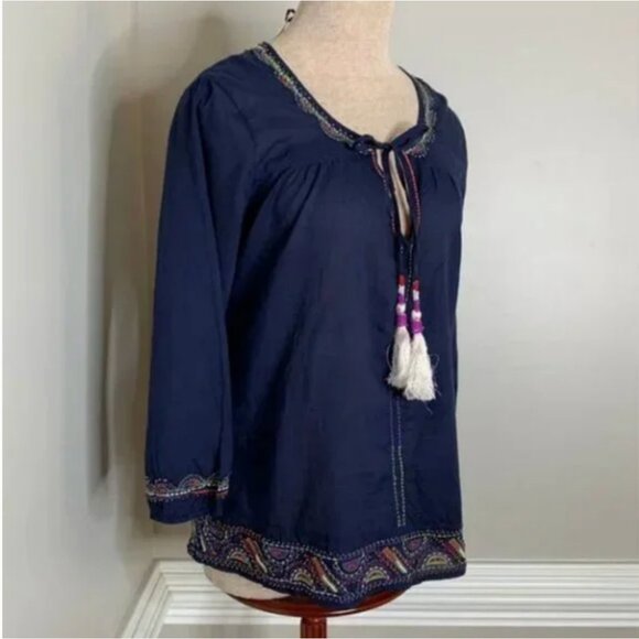 Solitaire Boho Blue Embroidered and Beaded Split Neck Tunic With Tassel Ties Med - Picture 3 of 8